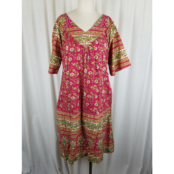Vintage 70s Kaftan Hawaiian Dress MuuMuu Womens M L VNeck Floral Midi Tiki Luau - Picture 1 of 6